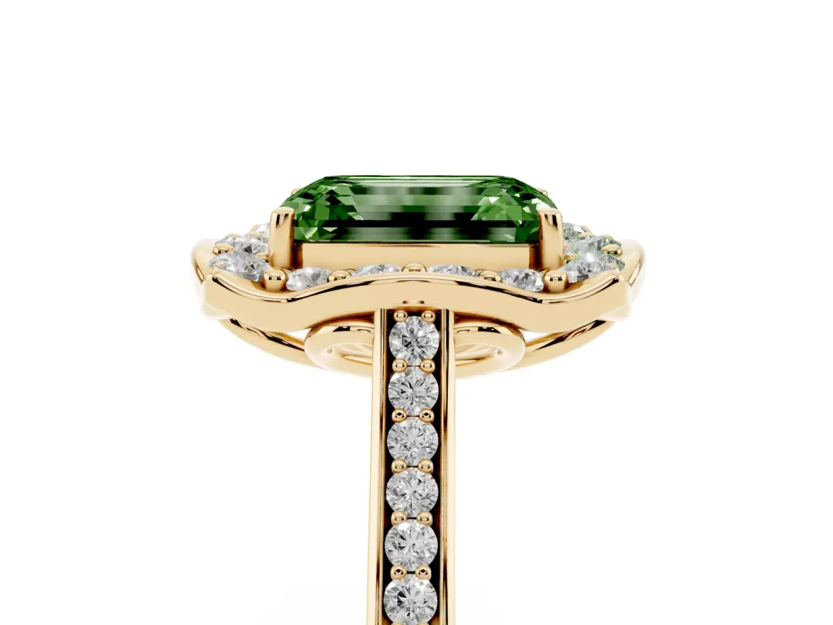 Fancy Green Emerald Cut Halo Round Diamond Pave Band with Four-Prong Setting Yellow gold