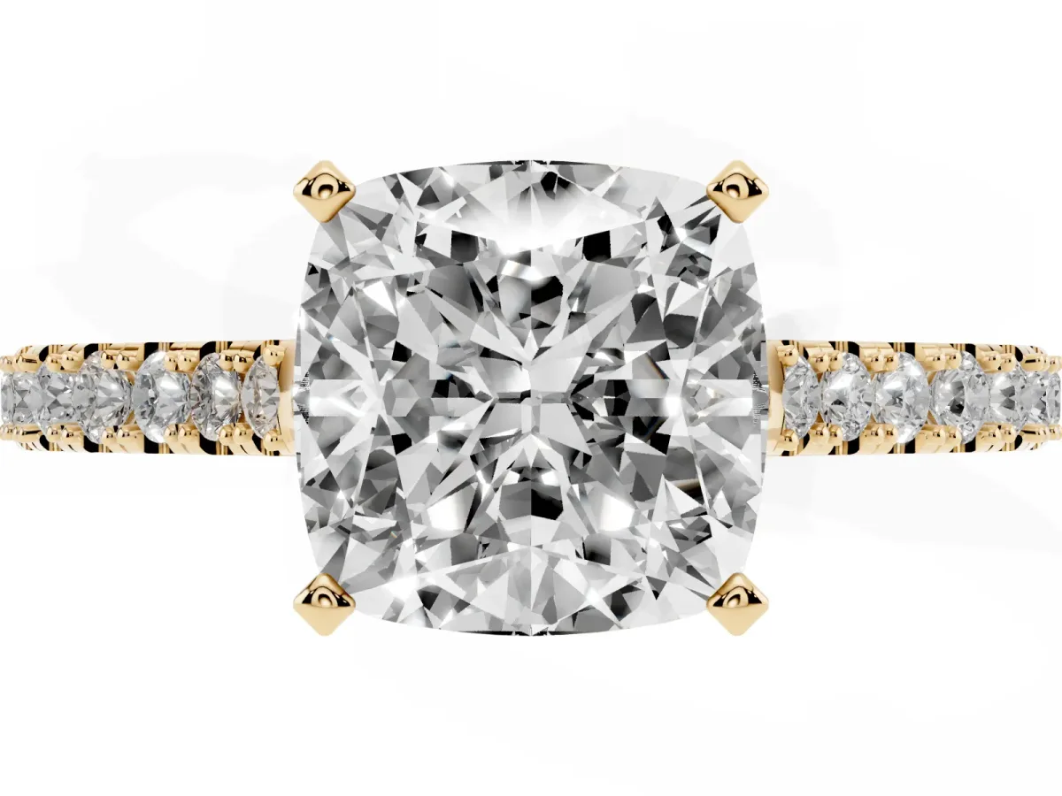 Cushion Cut Cut Solitaire Diamond Engagement Ring with Pave Band and Four-Prong Setting Yellow gold
