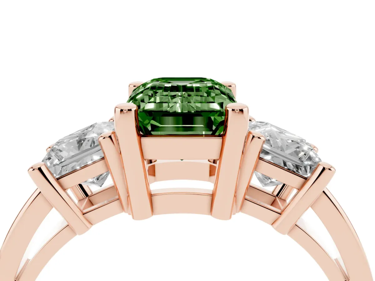 Fancy Green Three-Stone Emerald Cut Cut Solitaire Ring with Prong Setting Rose gold