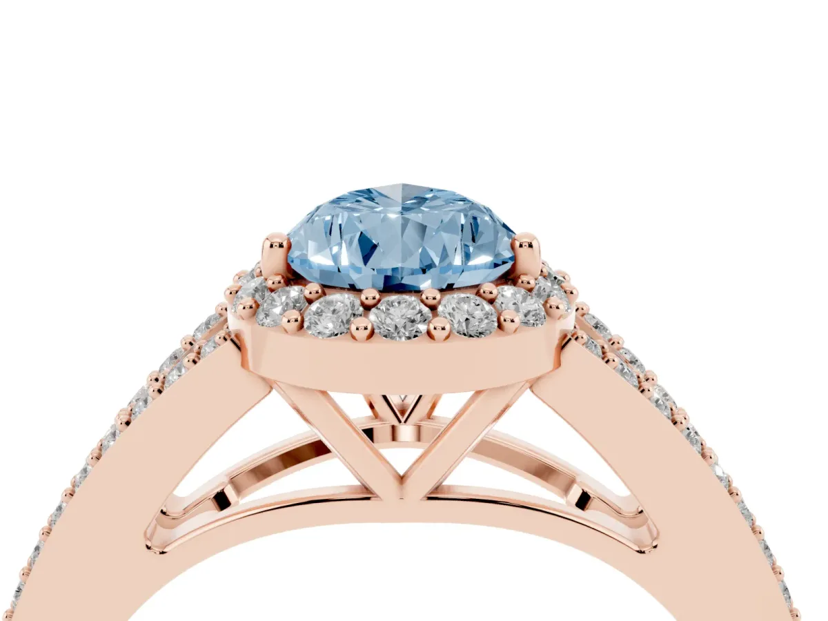 Fancy Blue Pear Cut Halo Split Shank Pave Diamond Ring with Four-Prong Setting Rose gold