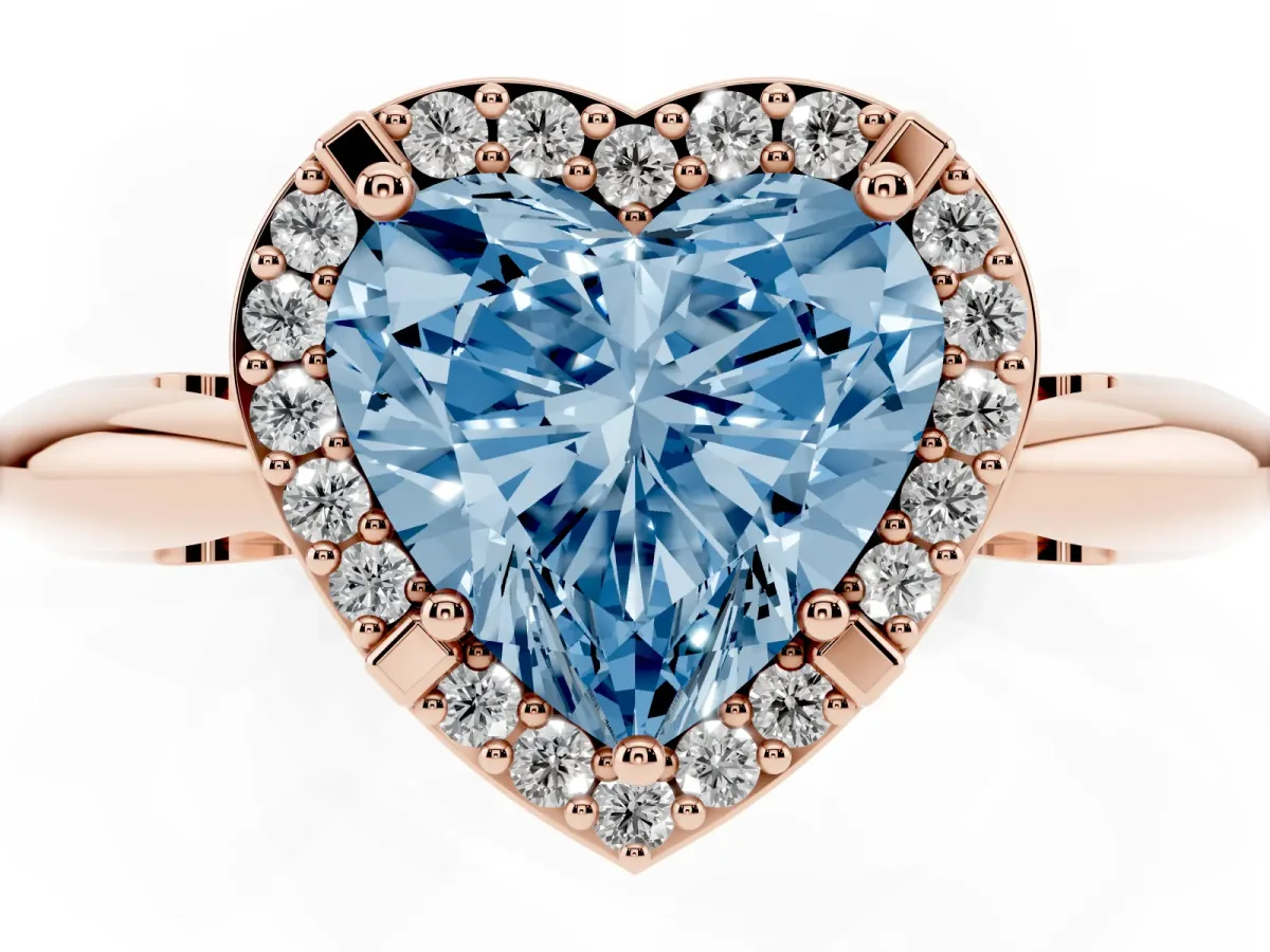 Fancy Blue Heart Cut Cut Diamond Halo Engagement Ring with Split Shank and Four-Prong Setting Rose gold