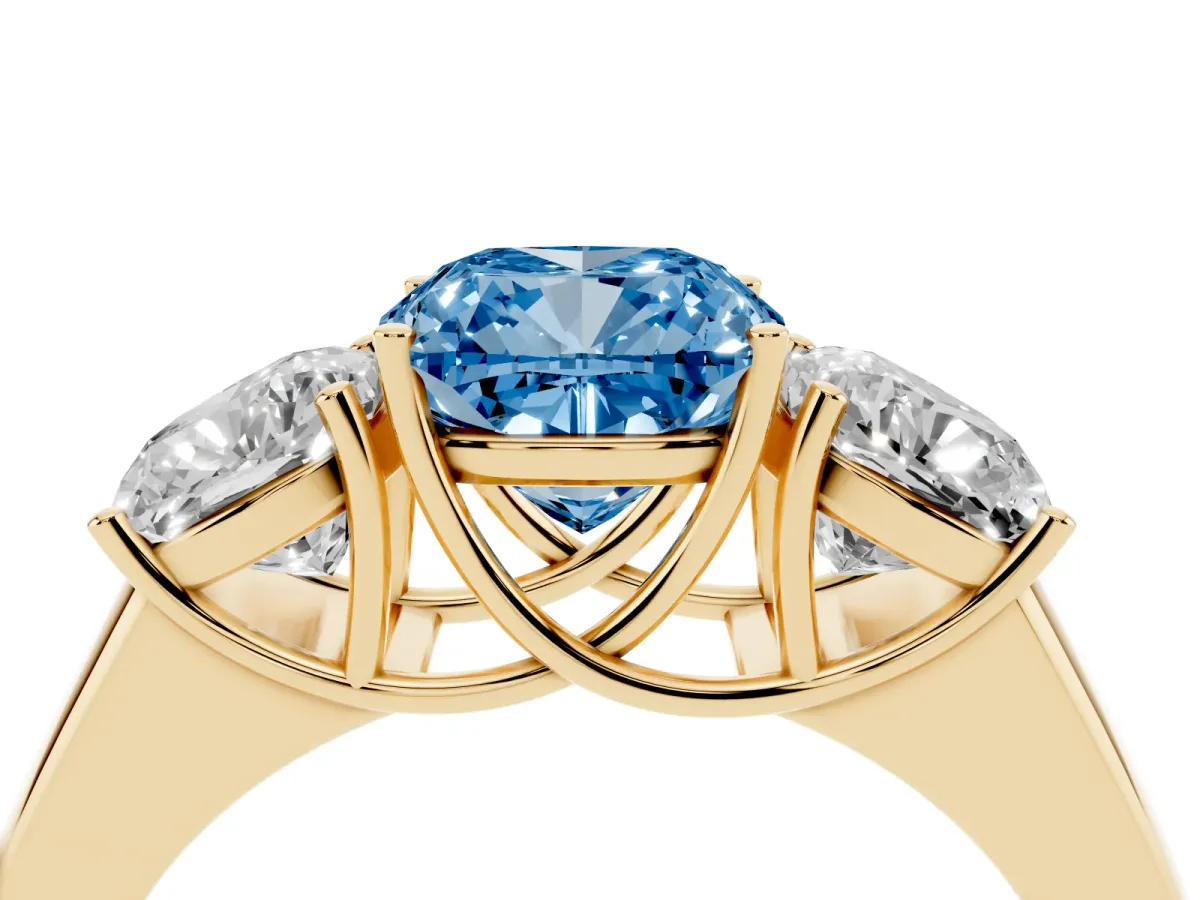 Fancy Blue Three-Stone Cushion Cut Cut Diamond Ring with Prong Setting and Classic Band Yellow gold