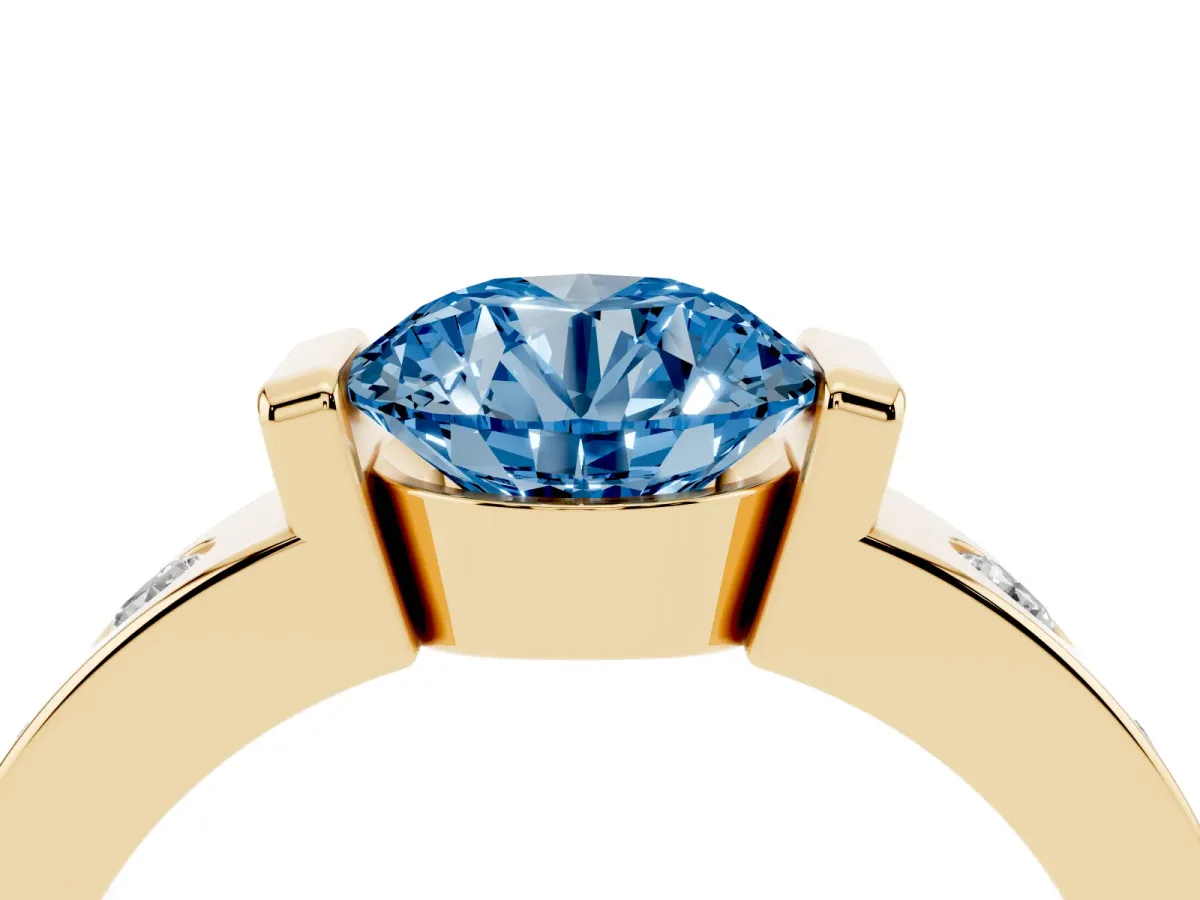 Fancy Blue Round Cut Brilliant Channel-Set Diamond Ring with Bezel Prong Setting Yellow gold