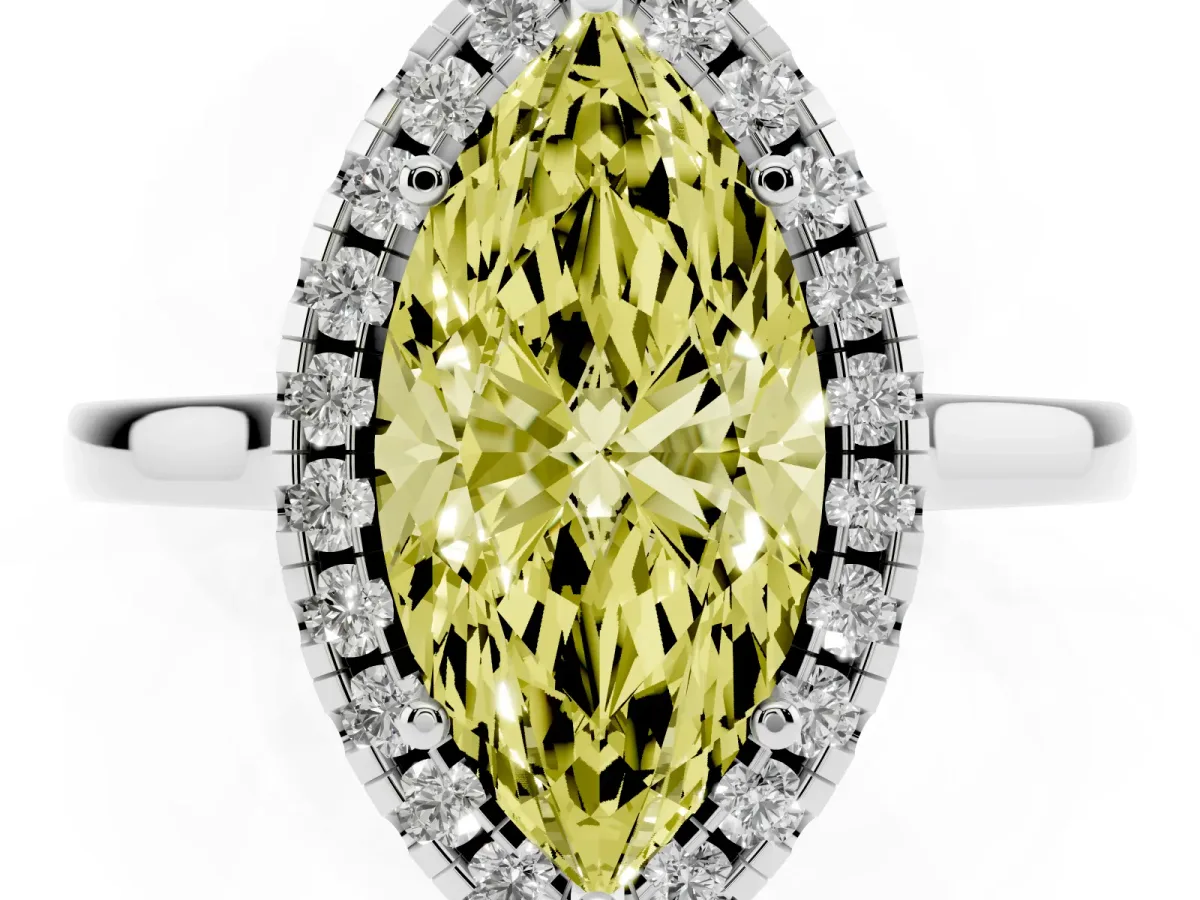 Fancy Yellow Marquise Cut Halo Round Diamond Solitaire Ring with Pavé Band and Four-Prong Setting Silver