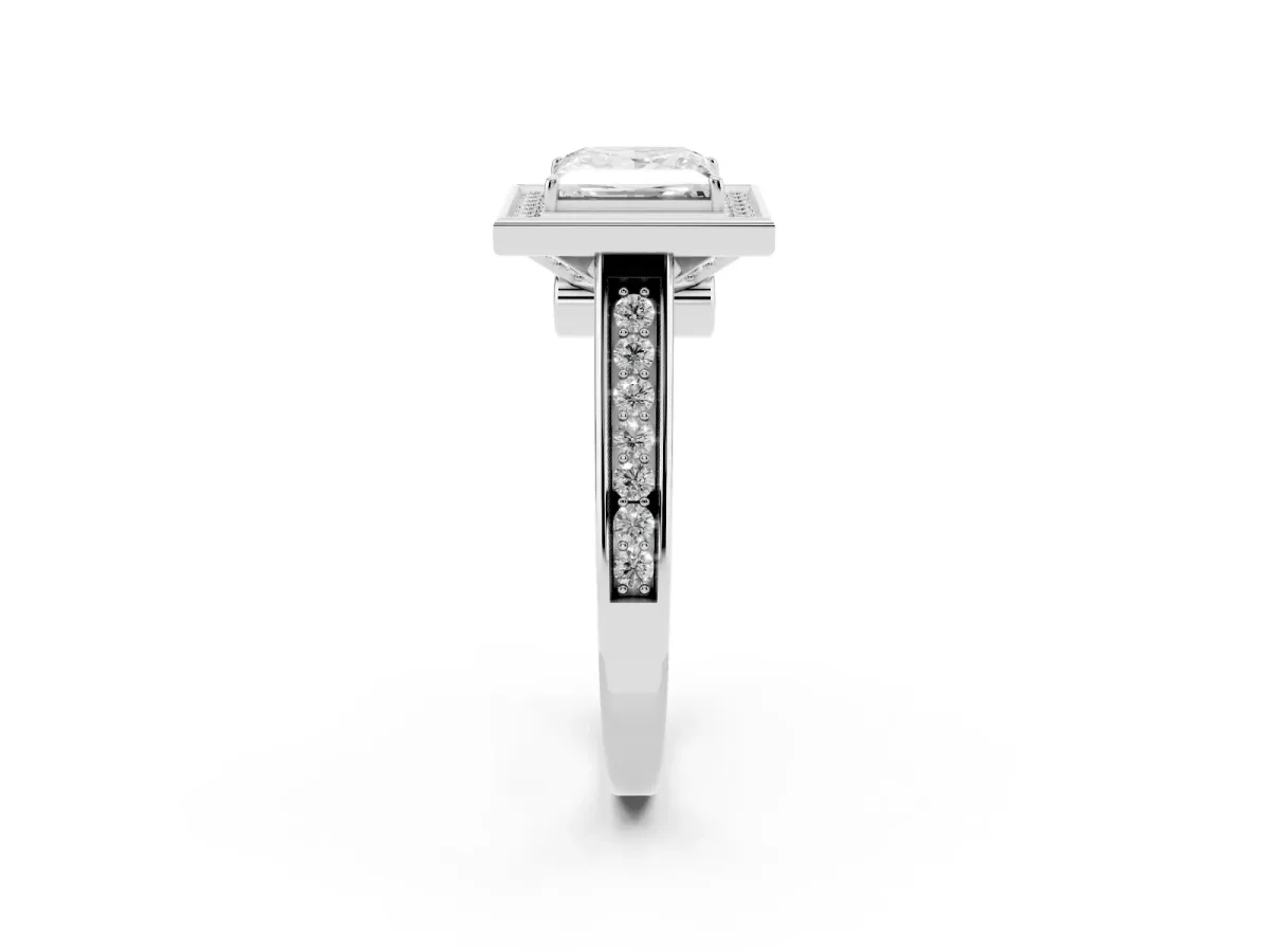 Princess Cut Halo Solitaire Diamond Ring with Pave Band and Bezel Setting Silver