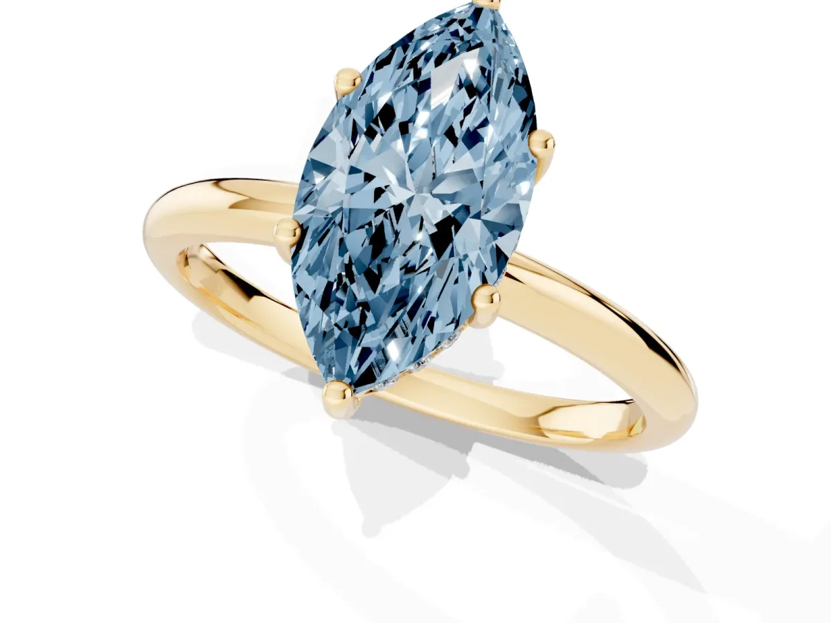 Fancy Blue Marquise Cut Cut Solitaire Engagement Ring with Four-Prong Setting and Classic Band Yellow gold
