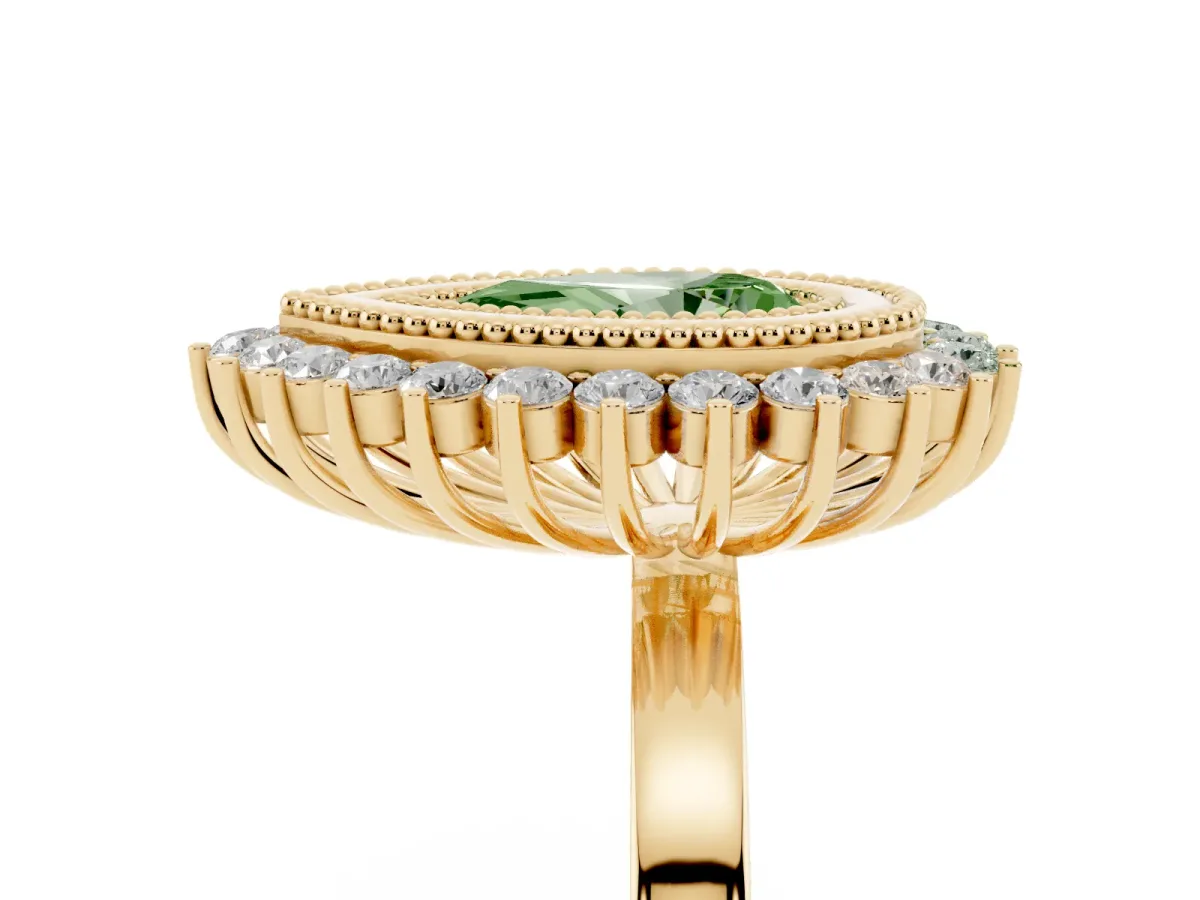 Fancy Green Pear Cut Halo Diamond Ring with Milgrain Edge and Round Prong Setting Yellow gold