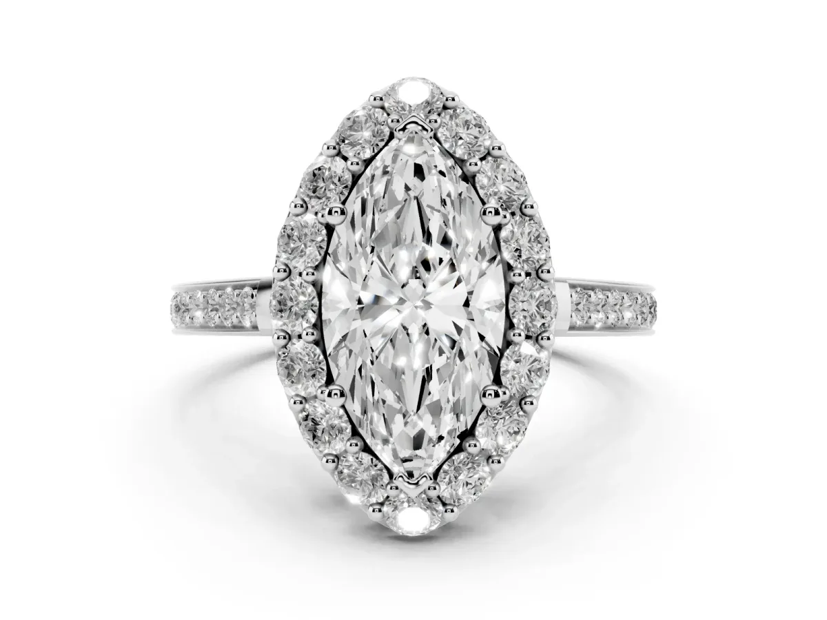 Marquise Cut Diamond Floral Halo Ring with Pavé Band and Prong Setting Platinum