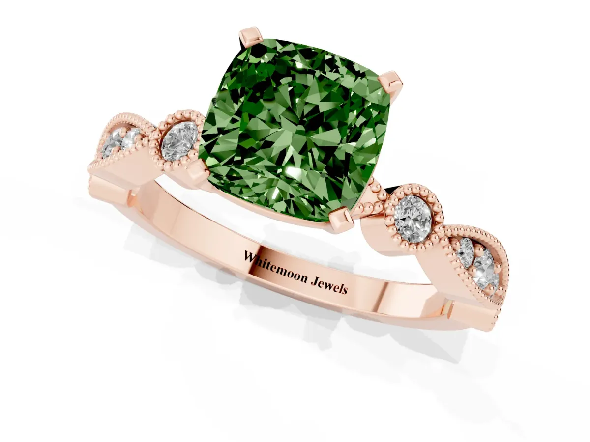 Fancy Green Cushion Cut Milgrain Bezel Diamond Engagement Ring with Solitaire Prong Setting Rose gold