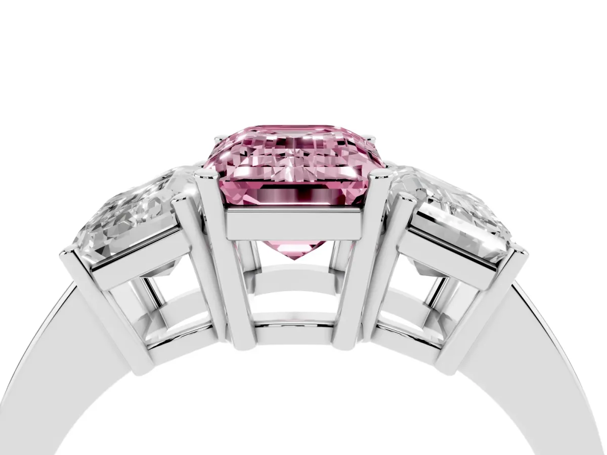 Fancy Pink Three-Stone Emerald Cut Cut Diamond Engagement Ring with Flat Band and Four-Prong Setting Silver