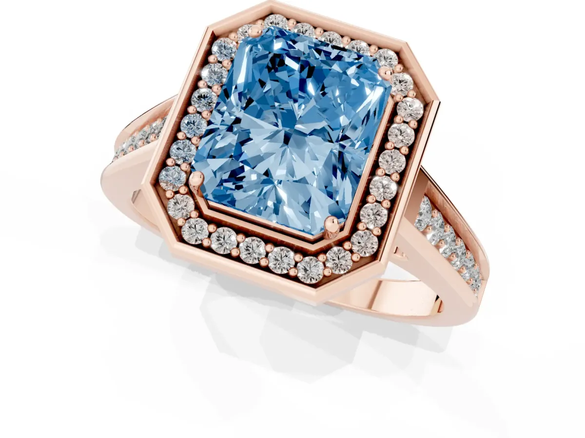 Fancy Blue Emerald Cut Halo Solitaire Diamond Ring with Pave Band and Bezel Setting Rose gold