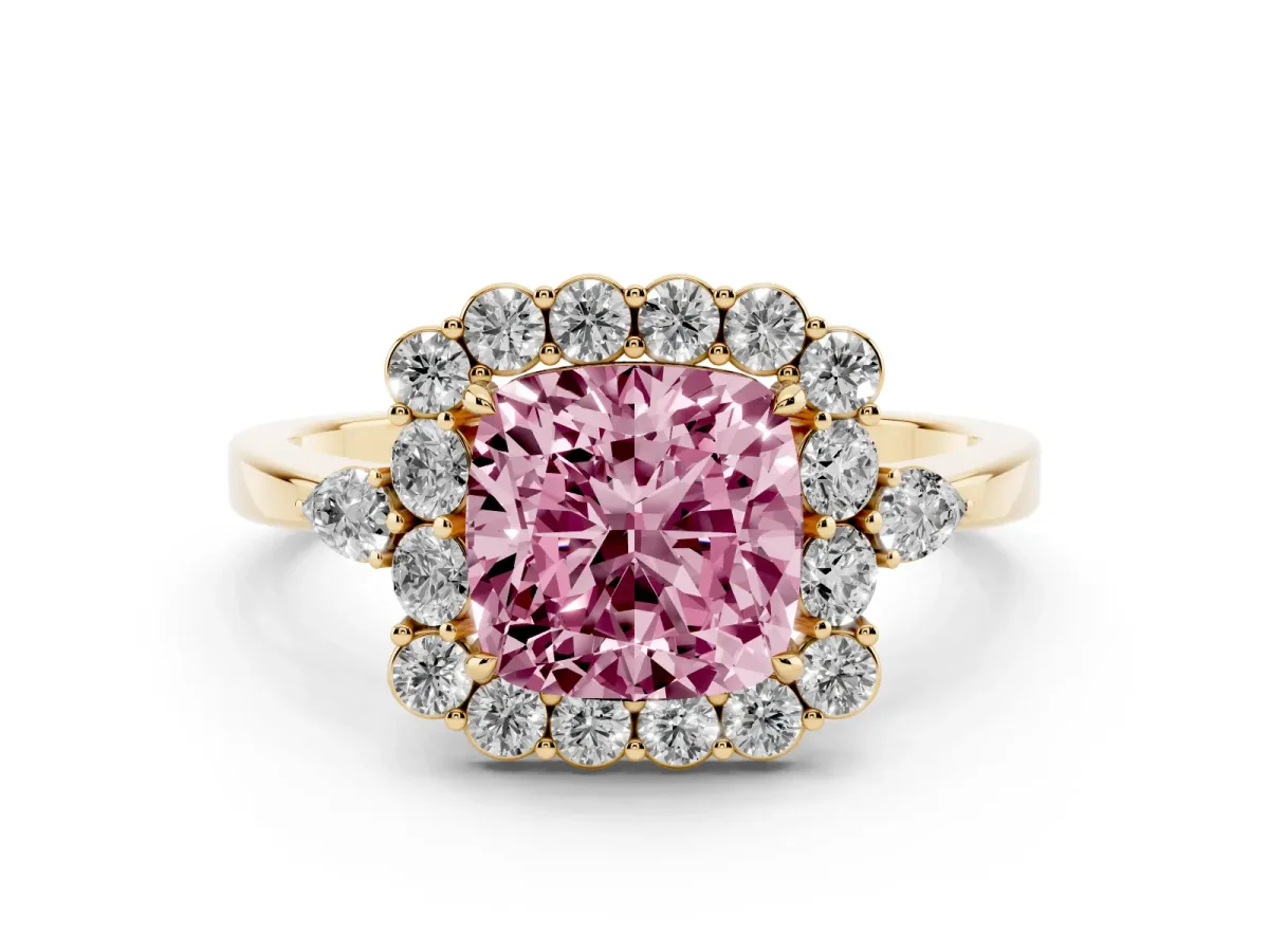 Fancy Pink Cushion Cut Diamond Halo Ring with Pear Side Stones and Prong Setting Yellow gold