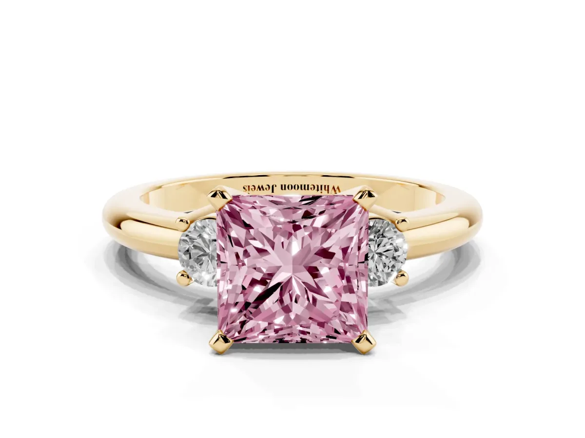 Fancy Pink Three-Stone Princess Cut Cut Diamond Solitaire with Prong Setting and Classic Band Yellow gold