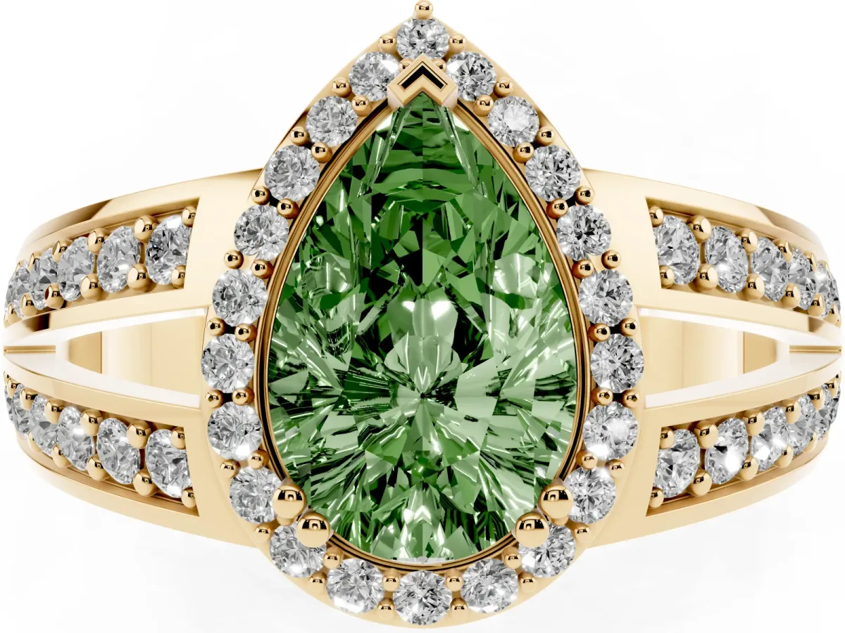 Fancy Green Pear Cut Diamond Halo Ring with Split Shank Pavé Band and Four-Prong Setting Yellow gold