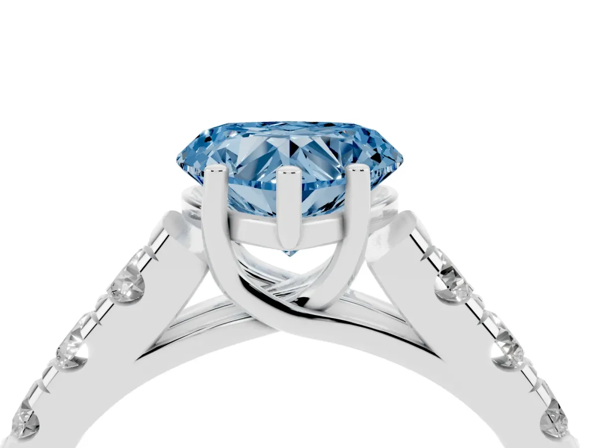Fancy Blue Heart Cut Cut Diamond Solitaire Ring with Micro Pave Band and Prong Setting Silver