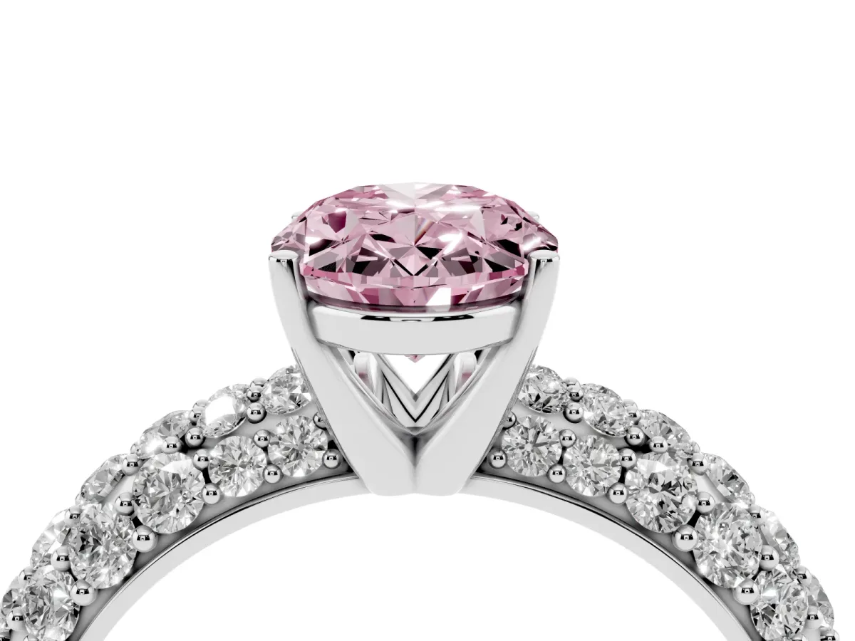 Fancy Pink Oval Cut Diamond Pavé Band Solitaire Ring with Four-Prong Setting White gold
