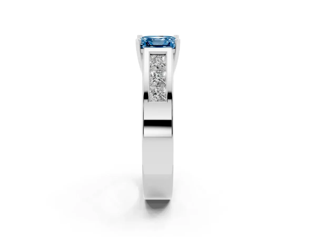 Fancy Blue Asscher Cut Cut Channel Set Solitaire Ring with Four-Prong Setting Silver