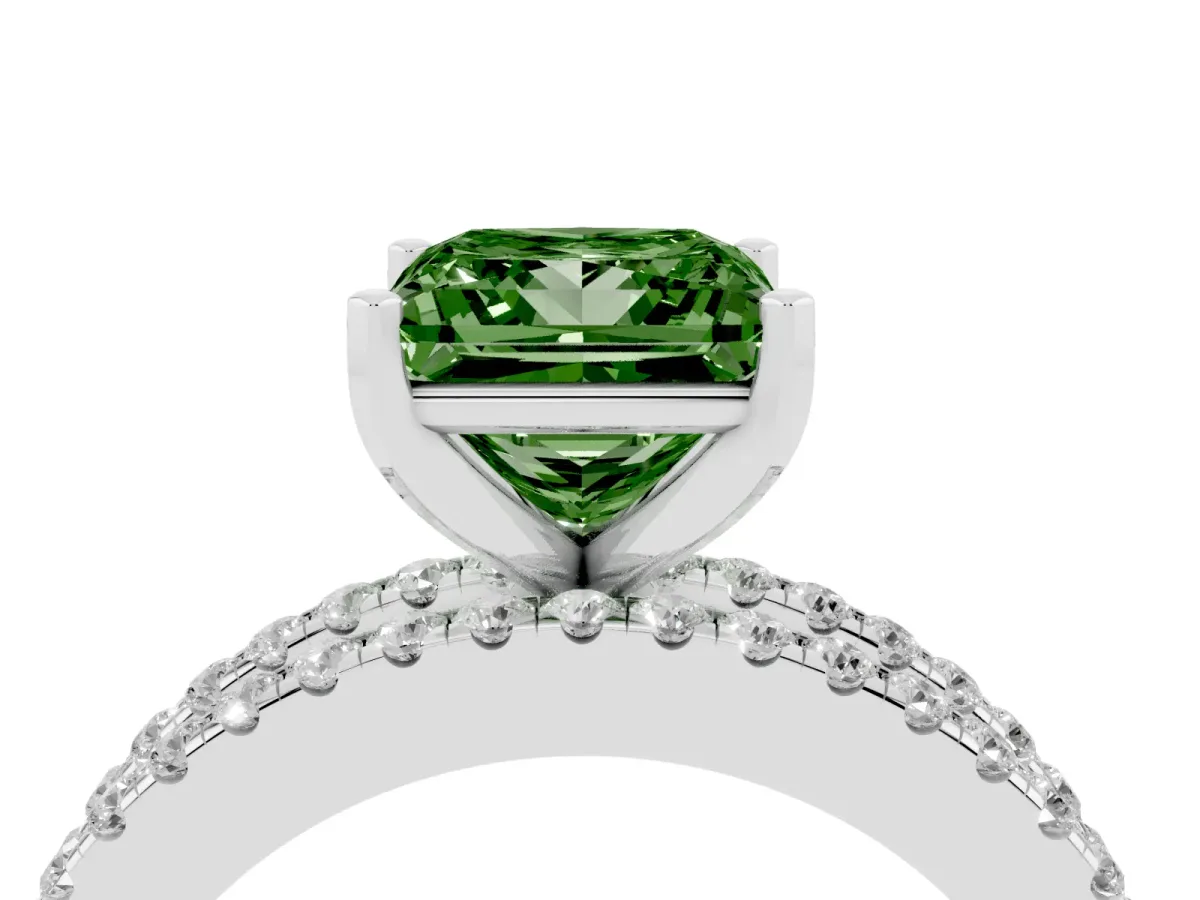 Fancy Green Princess Cut Diamond Solitaire Ring with Pavé and Channel Set Band Platinum