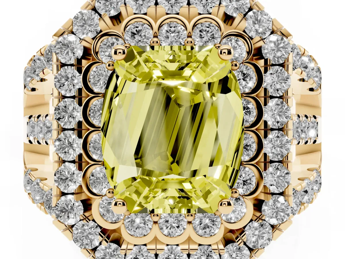 Fancy Yellow Emerald Cut Diamond Double Halo Ring with Round Pavé Split Shank and Prong Setting Yellow gold