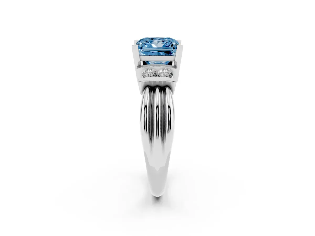 Fancy Blue Princess Cut Cut Three-Stone Channel Set Ring with Bar Prongs Silver