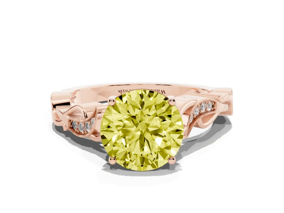 Fancy Yellow Round Cut Solitaire Vine Band with Milgrain Prong Setting Rose gold