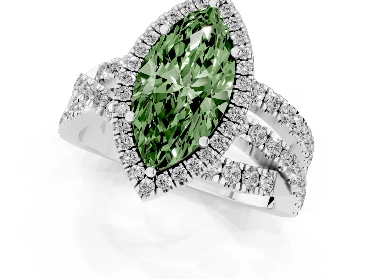 Fancy Green Marquise Cut Diamond Halo Ring with Round Split Shank and Prong Setting Silver