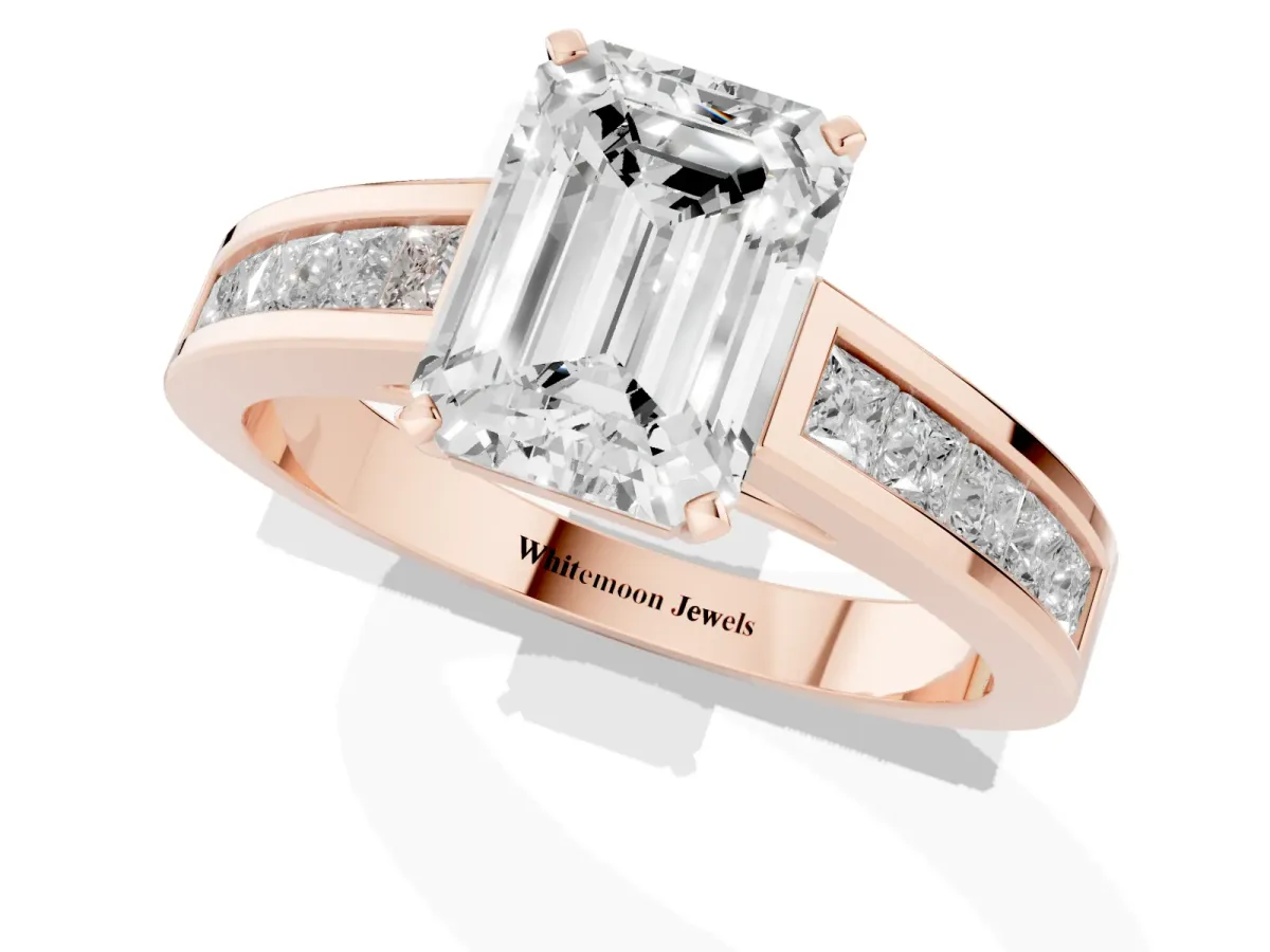 Emerald Cut Solitaire Diamond Ring with Channel-Set Band and Four-Prong Setting Rose gold