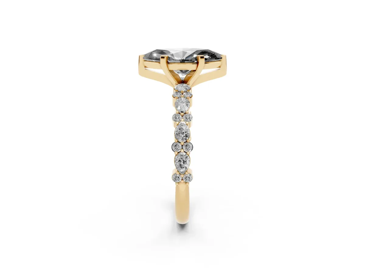 Fancy Black Marquise Cut Diamond Side Stone Solitaire Ring with Round and Four-Prong Setting Yellow gold