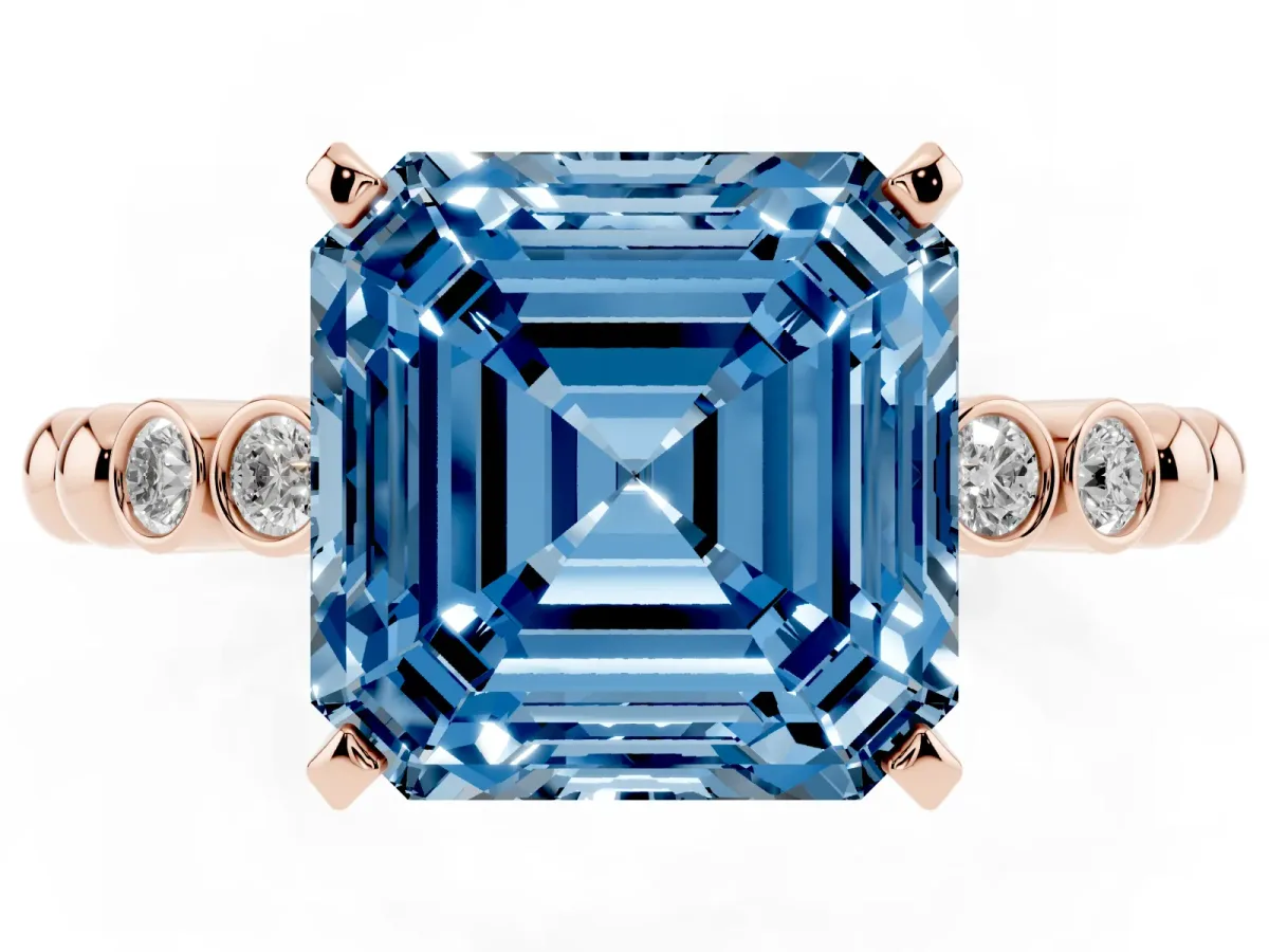 Fancy Blue Asscher Cut Solitaire Bezel Accent Diamond Engagement Ring with Beaded Band and Four-Prong Setting Rose gold