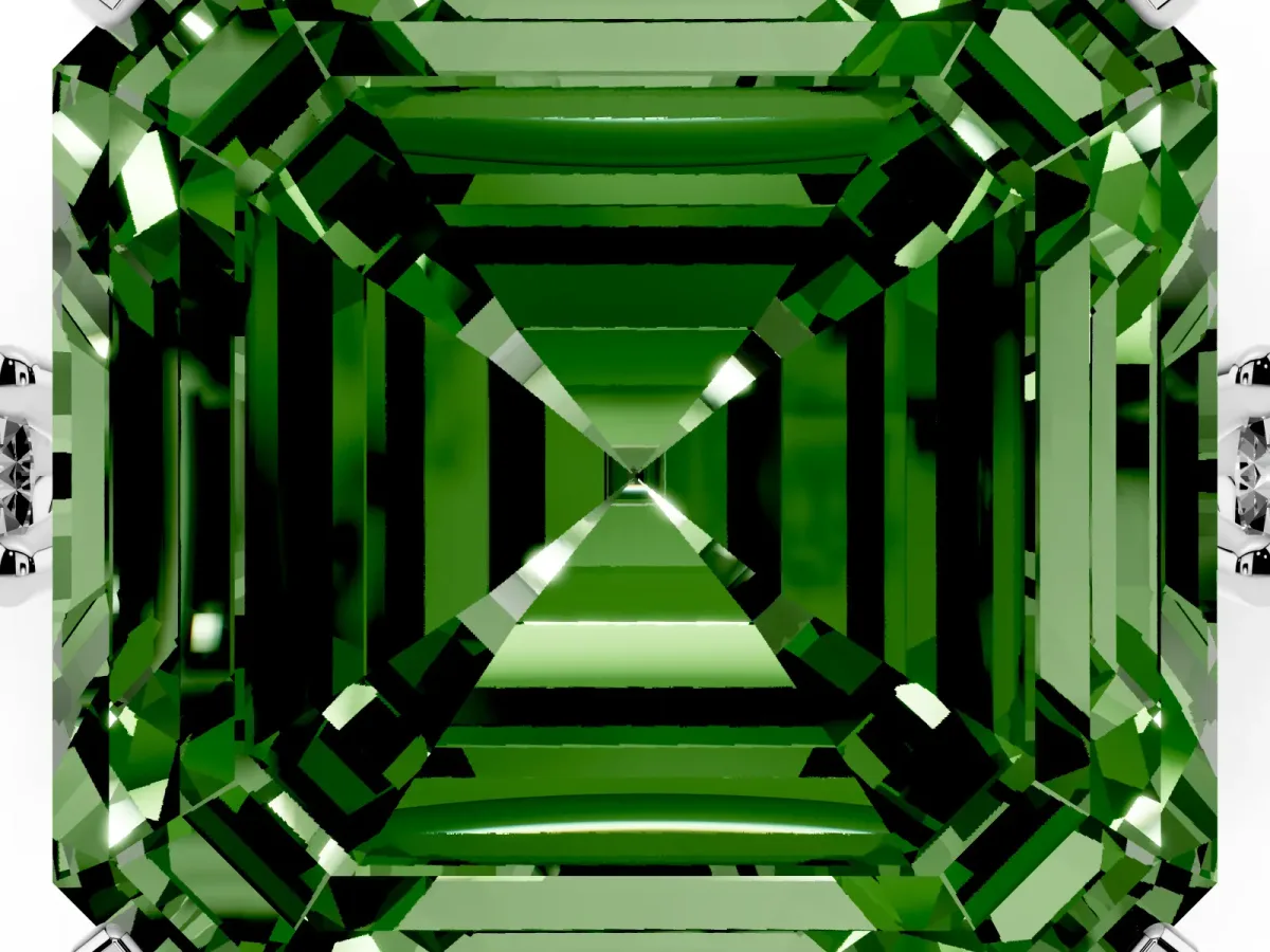Fancy Green Asscher Cut Cut Three-Stone Solitaire Ring with Round Accent Diamonds and Four-Prong Setting Silver