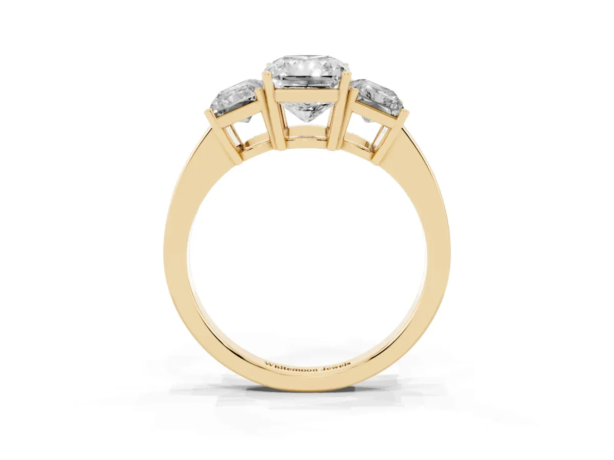 Three-Stone Radiant Cut Cut Diamond Engagement Ring with Flat Band and Four-Prong Setting Yellow gold