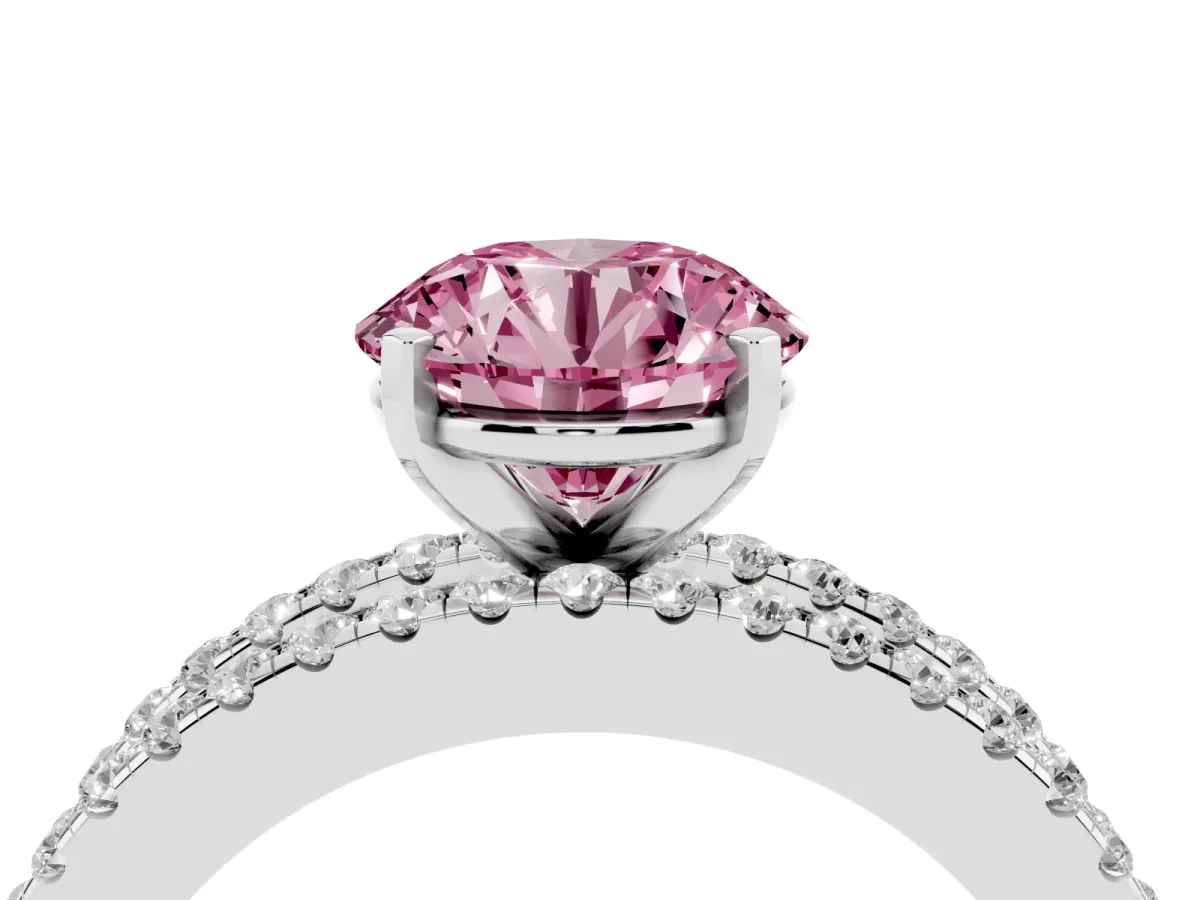 Fancy Pink Round Cut Diamond Solitaire Ring with Pavé and Channel Set Band Silver