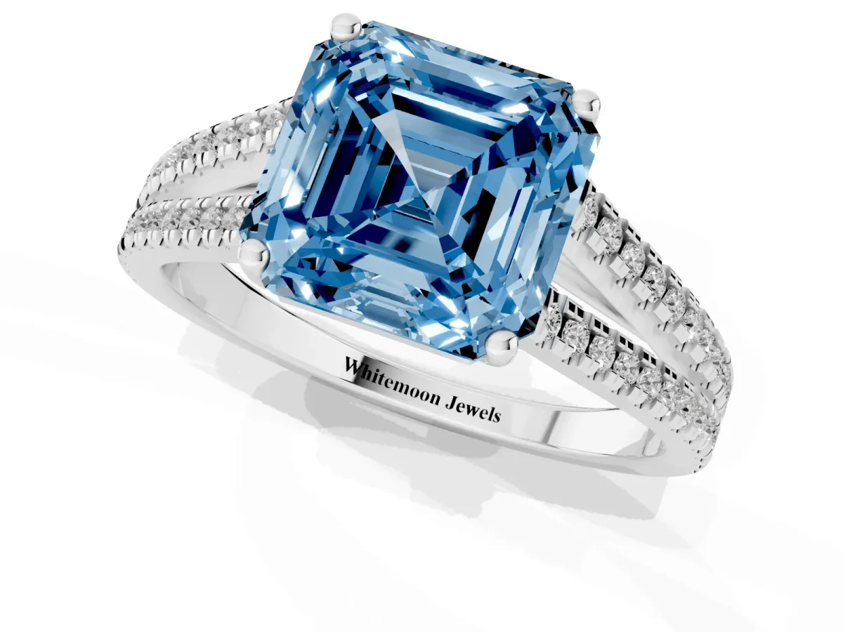 Fancy Blue Asscher Cut Diamond Solitaire Engagement Ring with Split Shank Pavé Band Platinum