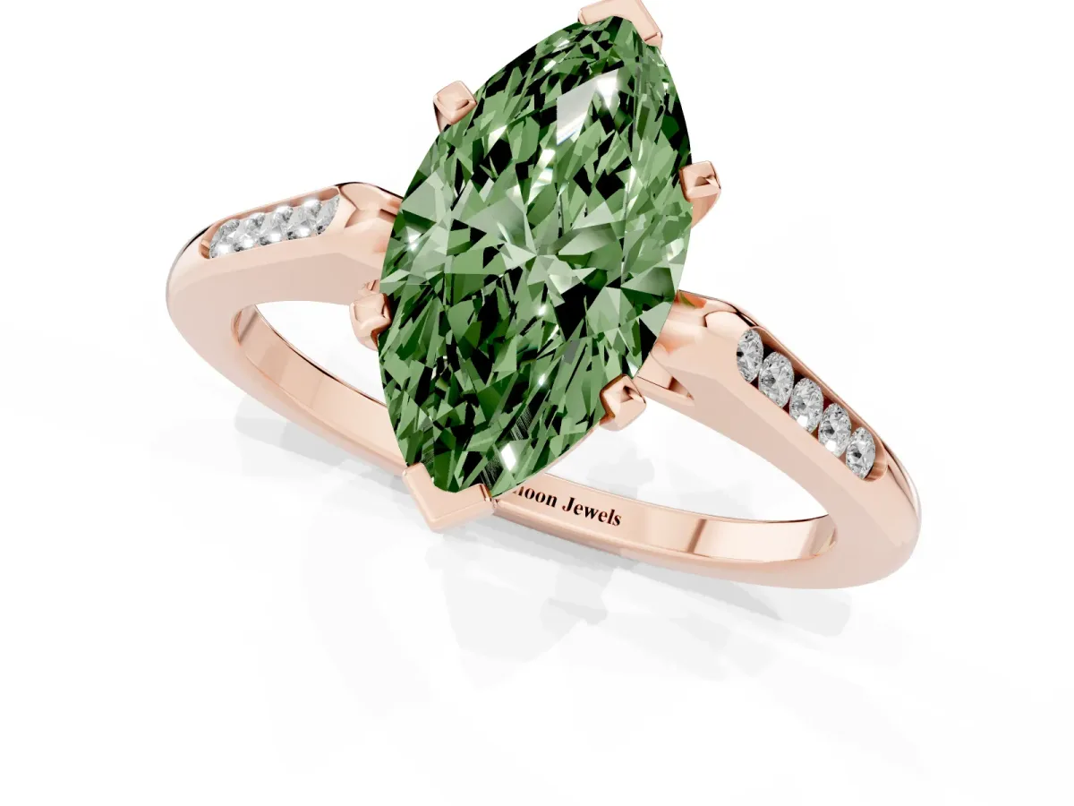 Fancy Green Marquise Cut Diamond Solitaire Ring with Channel Set Round Band and Prong Setting Rose gold