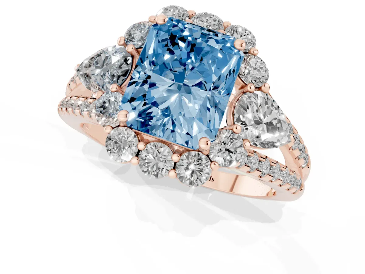 Fancy Blue Radiant Cut Halo Split Shank Diamond Engagement Ring with Prong Setting Rose gold