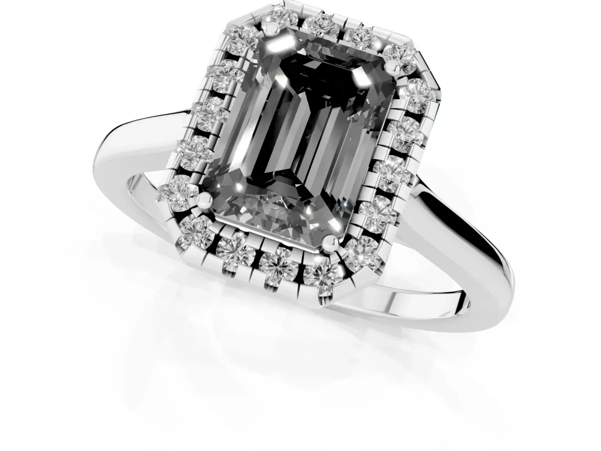 Fancy Black Emerald Cut Halo Round Diamond Solitaire Ring with Pavé Band and Four-Prong Setting Silver