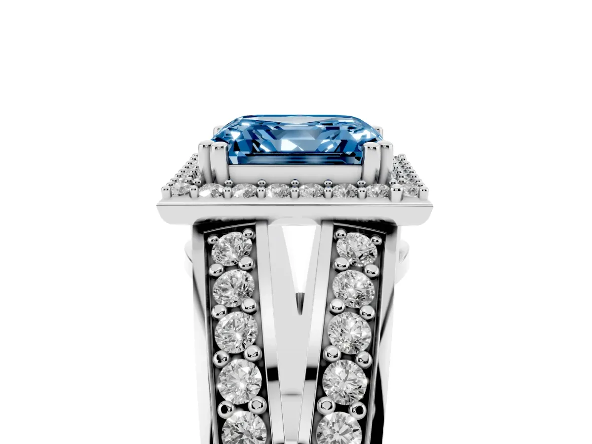 Fancy Blue Asscher Cut Diamond Halo Ring with Split Shank Pavé Band and Four-Prong Setting Silver