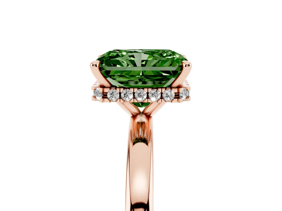 Fancy Green Radiant Cut Solitaire Engagement Ring with Cathedral Band and Four-Prong Setting Rose gold