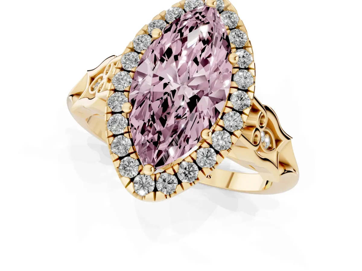 Fancy Pink Marquise Cut Halo Diamond Engagement Ring with Filigree Band and Four-Prong Setting Yellow gold