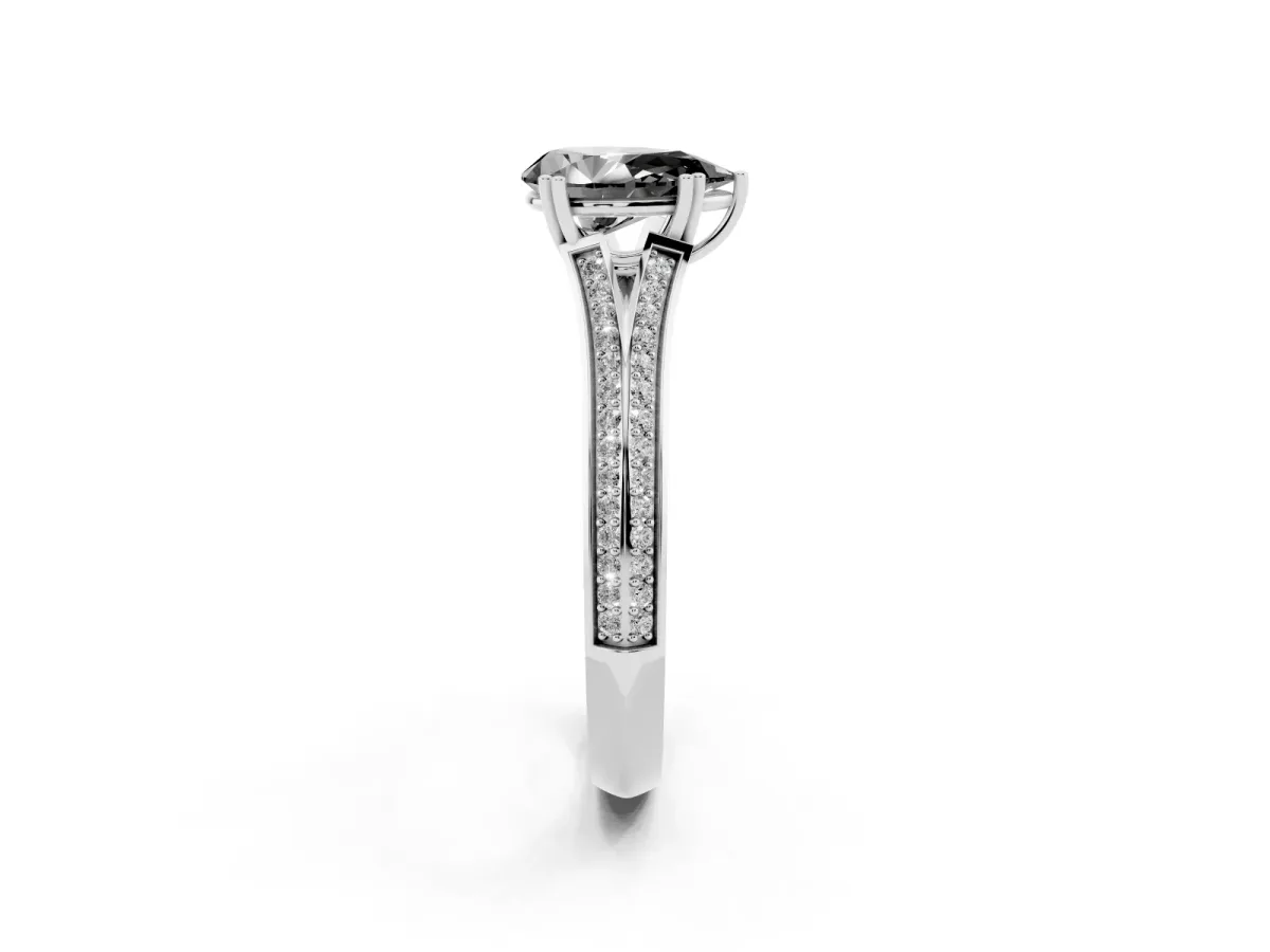 Fancy Black Pear Cut Diamond Split Shank Engagement Ring with Pavé Band Silver