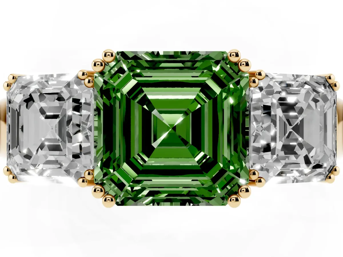 Fancy Green Three-Stone Asscher Cut Cut Diamond Ring with Channel Set Band and Four-Prong Setting Yellow gold