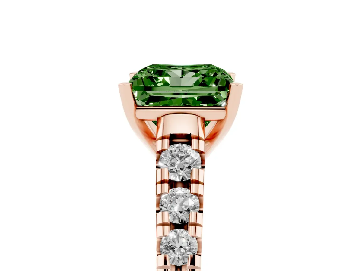 Fancy Green Princess Cut Diamond Cathedral Solitaire Ring with Round Pavé Band Rose gold