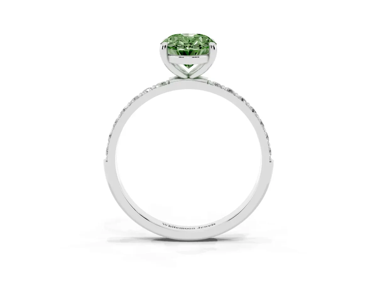 Fancy Green Oval Cut Diamond Solitaire Ring with Round Pavé Band and Prong Setting Silver
