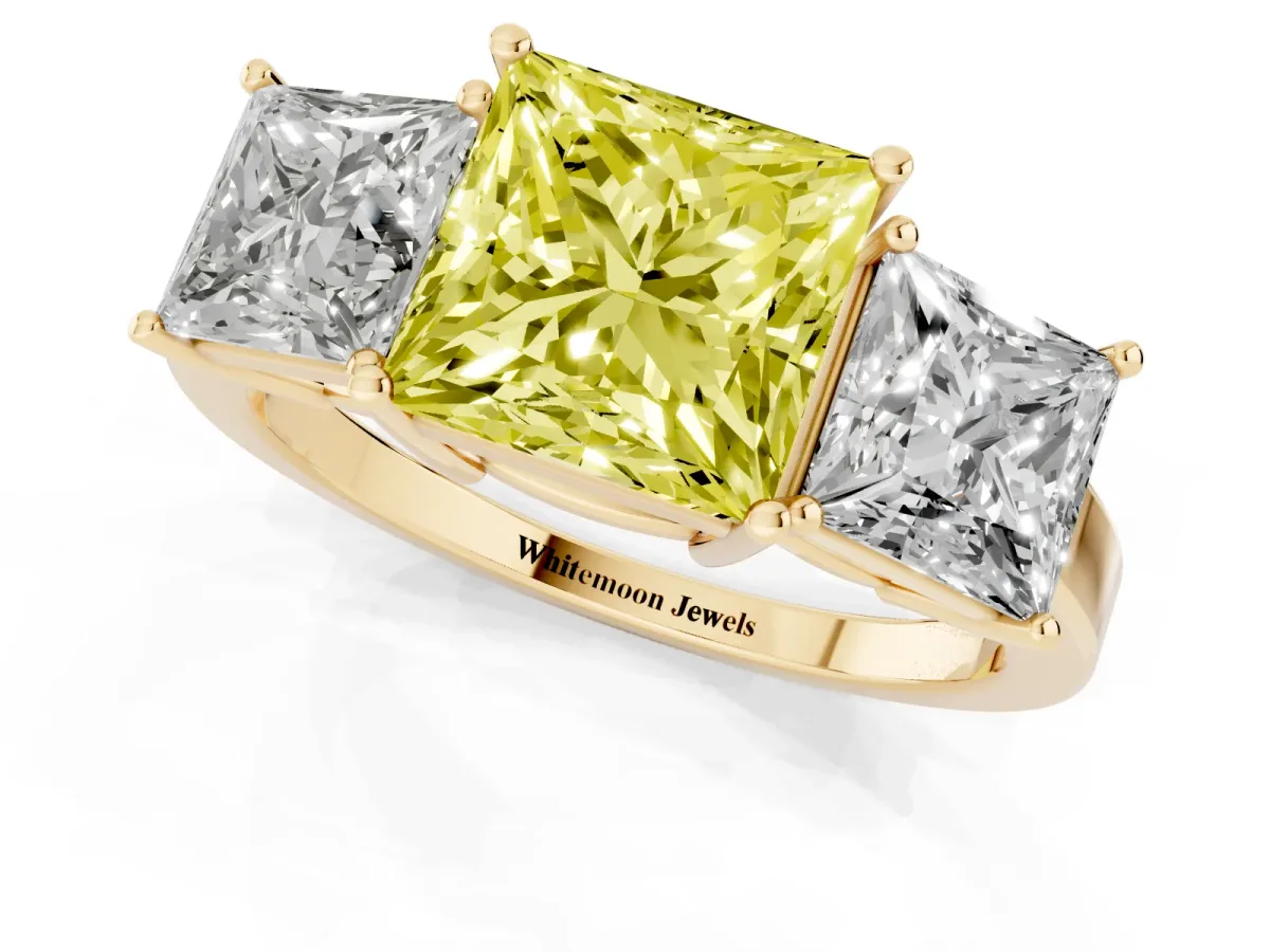 Fancy Yellow Three-Stone Princess Cut Cut Diamond Engagement Ring with Flat Band and Four-Prong Setting Yellow gold