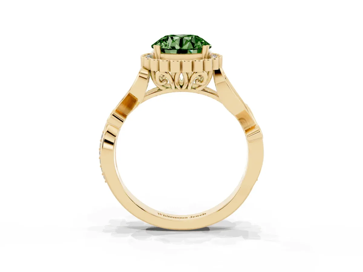 Fancy Green Round Cut Diamond Halo Ring with Vintage Split Shank and Four-Prong Setting Yellow gold