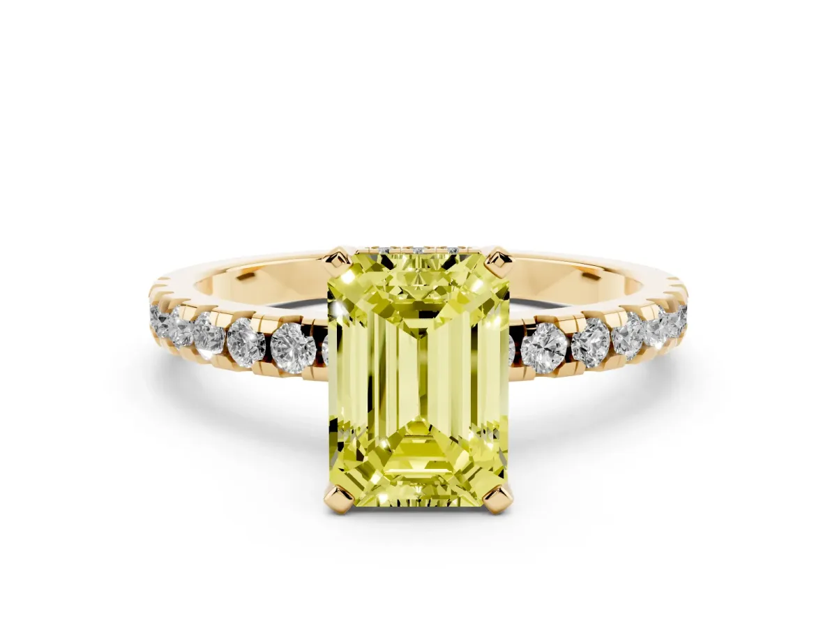 Fancy Yellow Emerald Cut Diamond Solitaire Ring with Round Pavé Band and Four-Prong Setting Yellow gold
