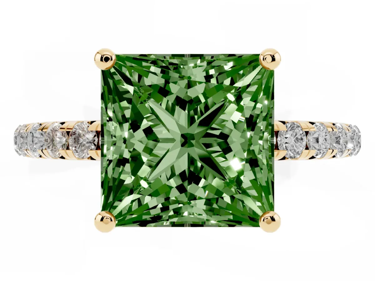 Fancy Green Princess Cut Cut Diamond Solitaire Ring with Micro Pave Band and Four Prong Setting Yellow gold