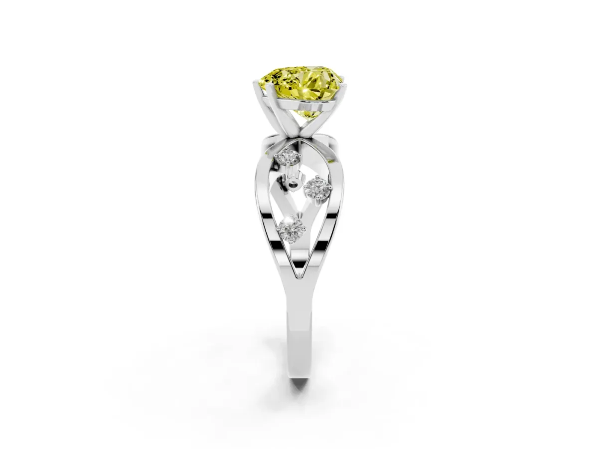 Fancy Yellow Heart Cut Cut Solitaire Diamond with Side Stones on Criss-Cross Band and Four-Prong Setting Silver