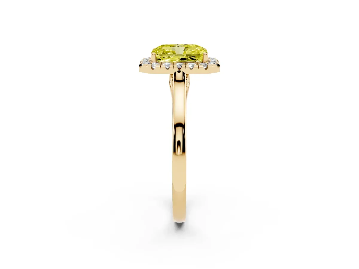 Fancy Yellow Radiant Cut Halo Round Diamond Solitaire Ring with Pavé Band and Four-Prong Setting Yellow gold
