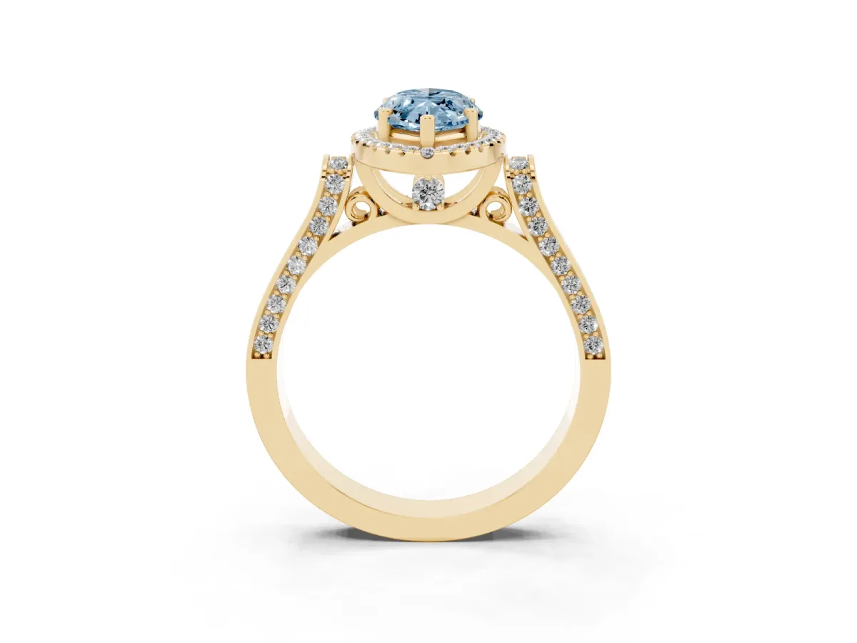 Fancy Blue Marquise Cut Halo Round Diamond Twist Band with Four-Prong Setting Yellow gold